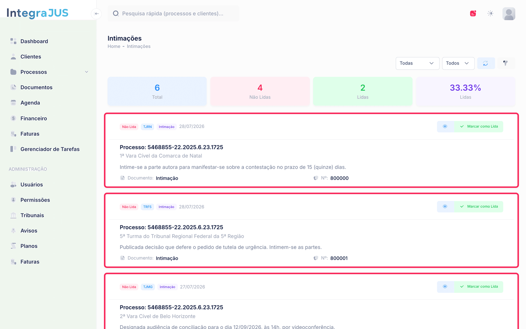 Intimações capturadas automaticamente no IntegraJUS