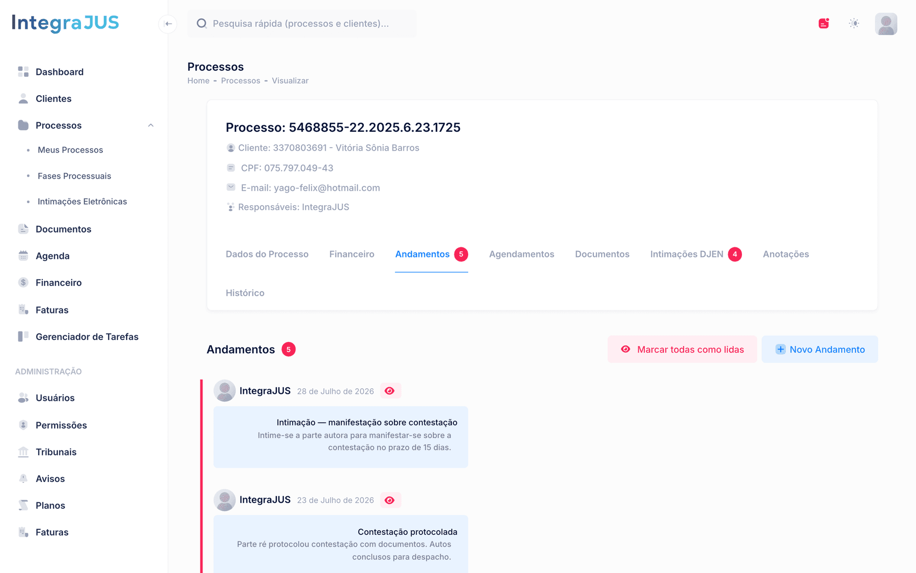 Linha do tempo de andamentos de um processo judicial no IntegraJUS
